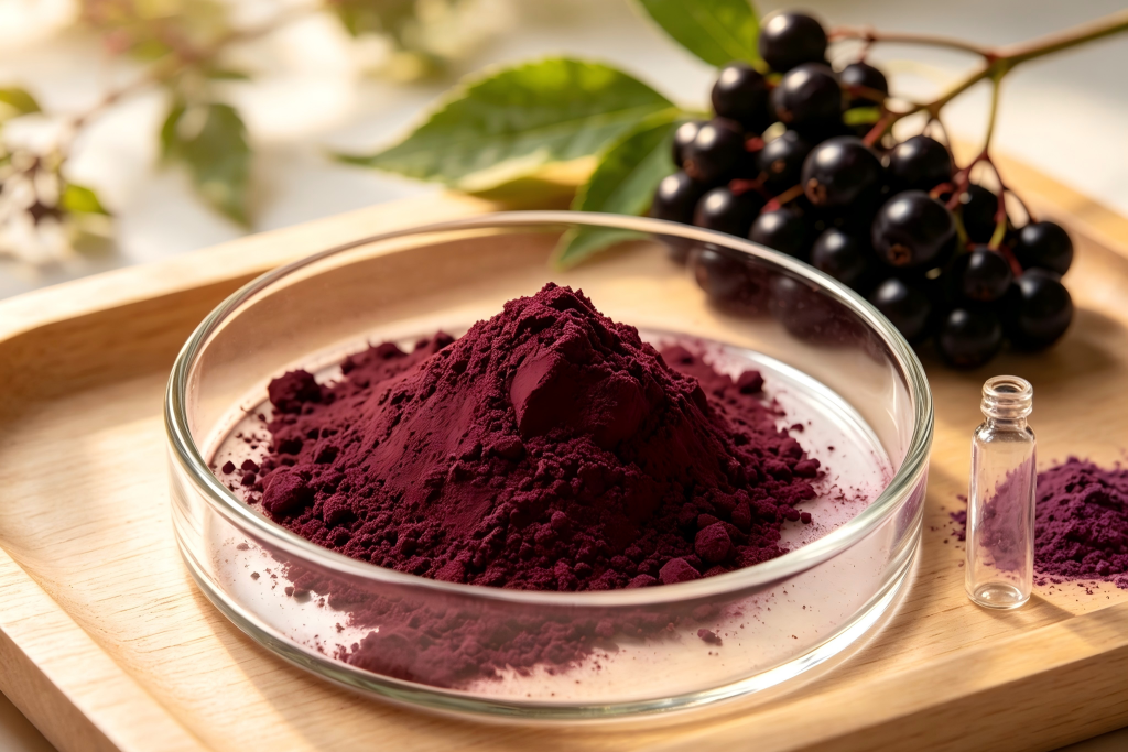 Dark purple elderberry sambucus nigra fruit and elderberry extract powder
