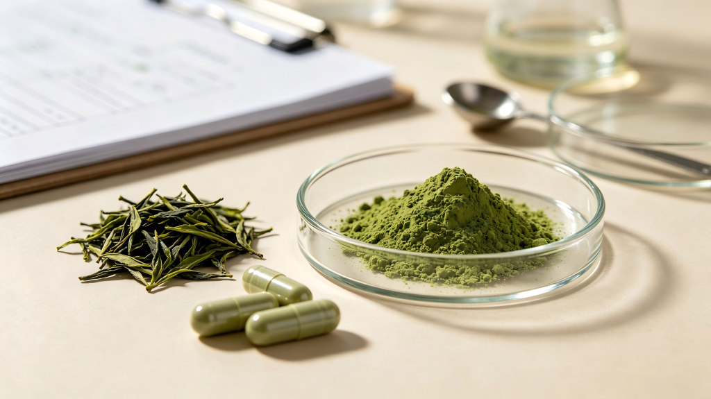 Fresh green tea leaves and green tea extract powder high in EGCG