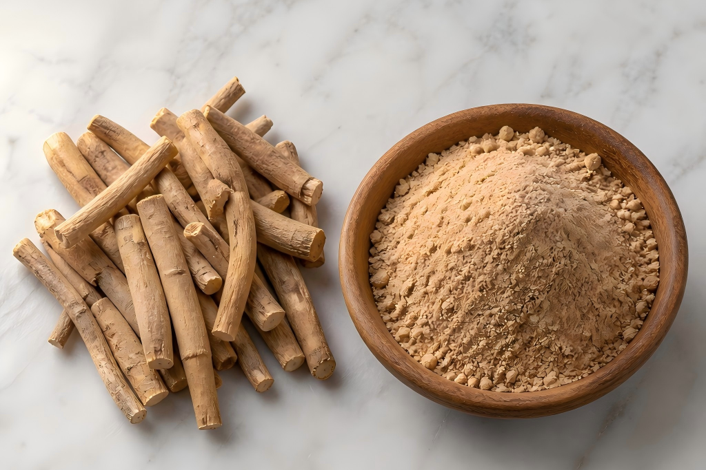 Dried ashwagandha withania somnifera roots and brown extract powder